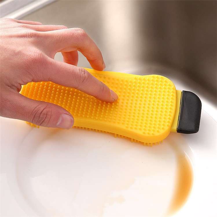 Food Grade Silicone Convenient 3 in 1 Silicone Dish Sponge Cleansing Brush Kitchen Scrubber Scraper